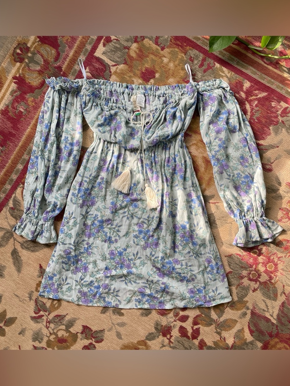 Mimi Chica Light Blue Off-Shoulder Floral Mini Dress with Purple Flowers
